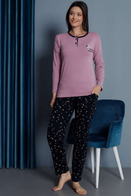 Yıldız Nakışlı Uzun Kol Pijama Takımı Menekşe - Kadın Pijama Takımı