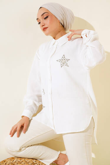 Yıldız Taş Detaylı Salaş Gömlek Ekru - Gömlek