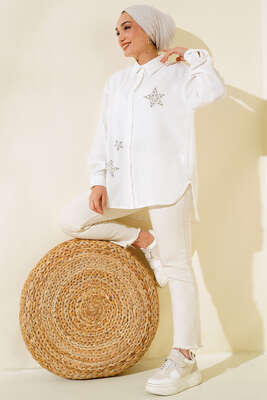 Yıldız Taş Detaylı Salaş Gömlek Ekru - Gömlek