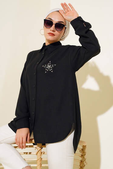 Yıldız Taş Detaylı Salaş Gömlek Siyah - Gömlek