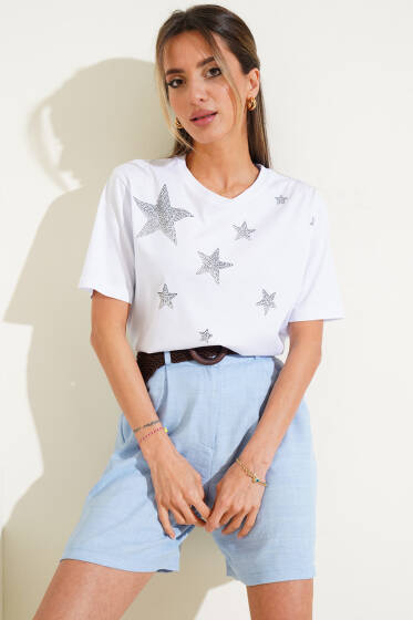 Yıldız Taş Süslemeli T-shirt Beyaz - Kadın Giyim Modelleri