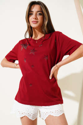 Yıldız Taş Süslemeli T-shirt Bordo - Yılın Fırsatı