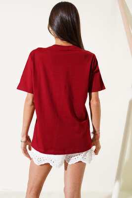Yıldız Taş Süslemeli T-shirt Bordo - Yılın Fırsatı