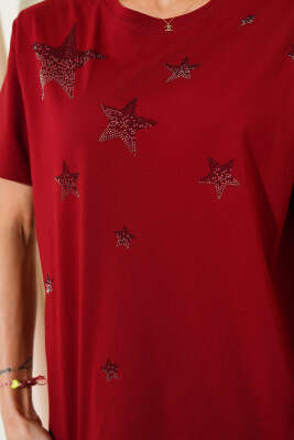 Yıldız Taş Süslemeli T-shirt Bordo - Yılın Fırsatı