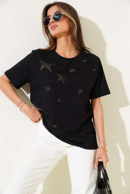 Yıldız Taş Süslemeli T-shirt Siyah