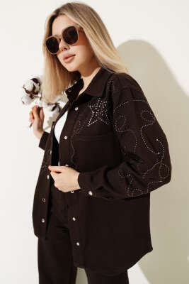 Yıldız Taşlı Cepli Gabardin Ceket Kahve - Kadın Giyim Modelleri