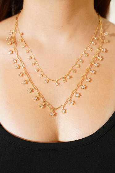 Yıldızlı Çift Kolye Gold - Kolye