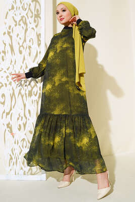 Yıldızlı Gece Desenli Şifon Elbise Haki - Thumbnail