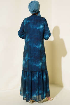 Yıldızlı Gece Desenli Şifon Elbise Lacivert - Thumbnail