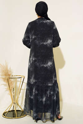 Yıldızlı Gece Desenli Şifon Elbise Siyah - Thumbnail