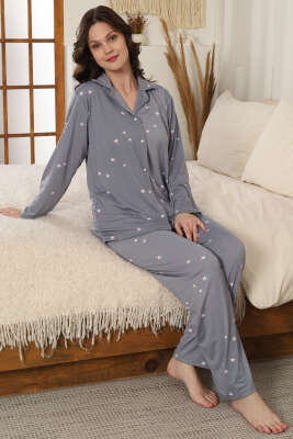 Yıldızlı Kruvaze Yaka Pijama Takımı Gri 