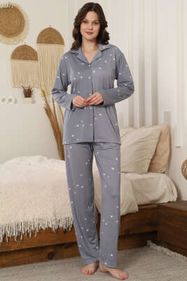Yıldızlı Kruvaze Yaka Pijama Takımı Gri - Pijama