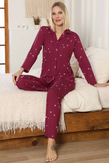 Yıldızlı Kruvaze Yaka Pijama Takımı Mürdüm - Pijama