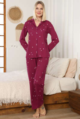 Yıldızlı Kruvaze Yaka Pijama Takımı Mürdüm - Pijama