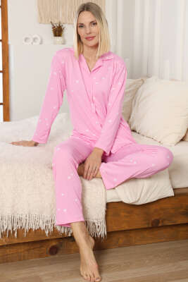 Yıldızlı Kruvaze Yaka Pijama Takımı Pembe 
