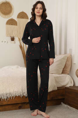 Yıldızlı Kruvaze Yaka Pijama Takımı Siyah 
