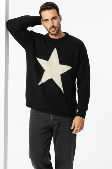 Yıldızlı Örgü Triko Erkek Kazak Siyah - Erkek Kazak
