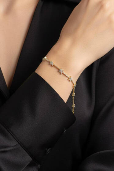 Yıldızlı Sıra Taşlı Bileklik Gold - Bileklik
