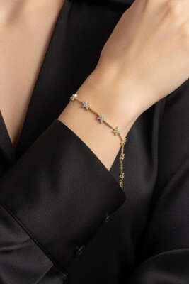 Yıldızlı Sıra Taşlı Bileklik Gold 