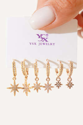 Yıldızlı Taşlı Küpe Set Gold - Küpe