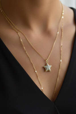 Yıldızlı Zincir Detaylı Kolye Gold - KONYALI BİJUTERİ