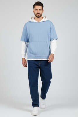 Yıpratmalı Kanguru Cep Erkek Sweatshirt Bebe Mavi - Erkek Sweatshirt