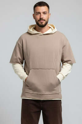 Yıpratmalı Kanguru Cep Erkek Sweatshirt Bej - EKSİ BİR