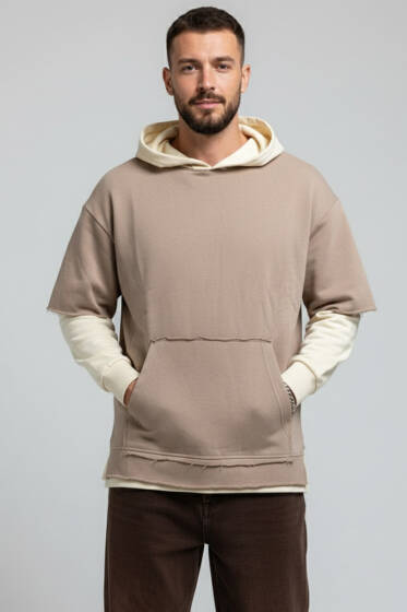 Yıpratmalı Kanguru Cep Erkek Sweatshirt Bej - Erkek Sweatshirt