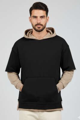 Yıpratmalı Kanguru Cep Erkek Sweatshirt Siyah - EKSİ BİR