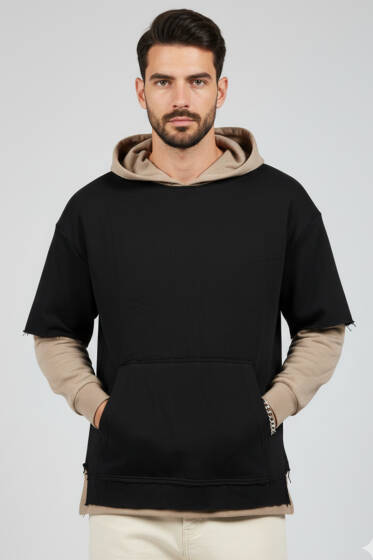 Yıpratmalı Kanguru Cep Erkek Sweatshirt Siyah - Erkek Sweatshirt