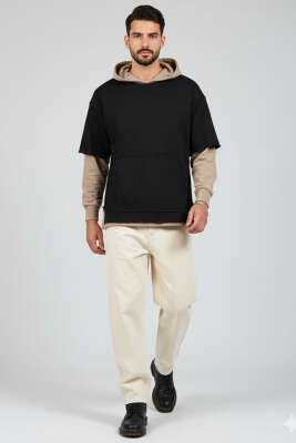 Yıpratmalı Kanguru Cep Erkek Sweatshirt Siyah - Erkek Sweatshirt