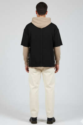 Yıpratmalı Kanguru Cep Erkek Sweatshirt Siyah - Erkek Sweatshirt