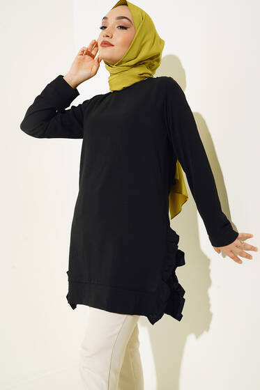 Yırmaçlı Fırfır Detaylı Tunik Siyah - Tunik