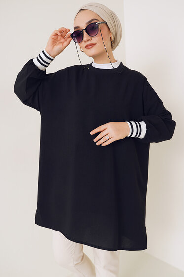 Yırtmaçlı Ribana Detaylı Tunik Siyah - Tunik