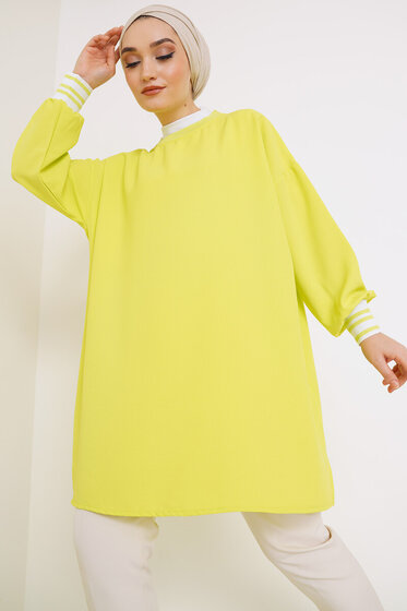 Yırtmaçlı Ribana Detaylı Tunik Yağ Yeşil - Tunik