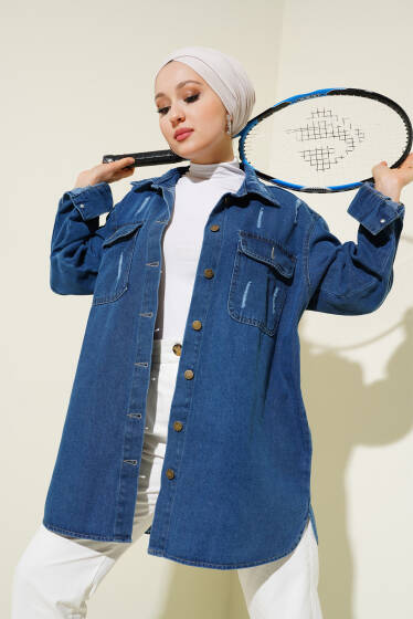 Yırtık Detaylı Göğüs Cepli Kot Ceket Kot - Ceket