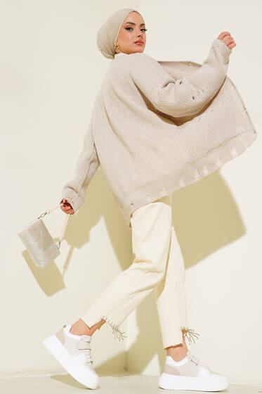 Yırtık Detaylı Salaş Triko Hırka Bej - Hırka