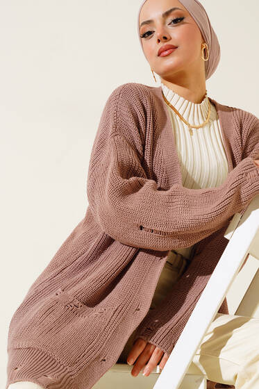 Yırtık Detaylı Salaş Triko Hırka Pudra - Hırka
