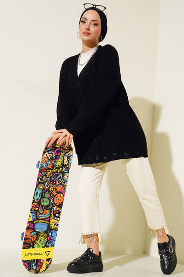 Yırtık Detaylı Salaş Triko Hırka Siyah - Hırka