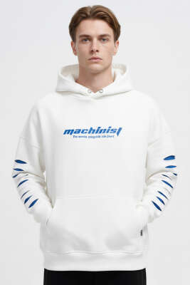 Yırtık Efektli Nakışlı Erkek Sweatshirt Ekru - MACHINIST
