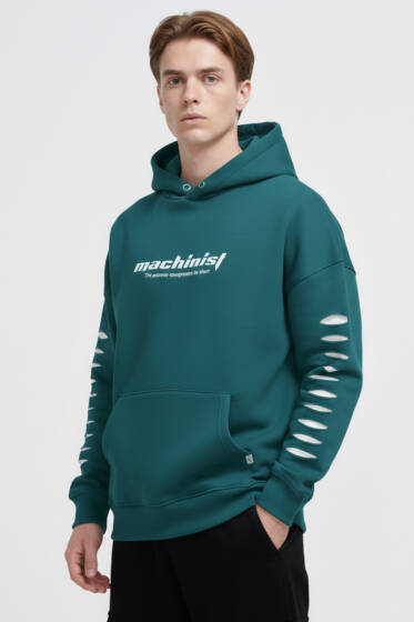Yırtık Efektli Nakışlı Erkek Sweatshirt Petrol - Erkek Sweatshirt