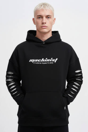 Yırtık Efektli Nakışlı Erkek Sweatshirt Siyah - Erkek Sweatshirt