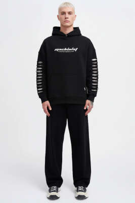 Yırtık Efektli Nakışlı Erkek Sweatshirt Siyah - Erkek Sweatshirt