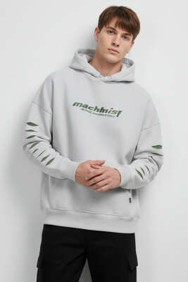 Yırtık Efektli Nakışlı Erkek Sweatshirt Taş - MACHINIST