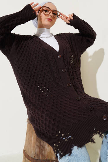 Yırtıklı Düğmeli Triko Hırka Kahve - Hırka