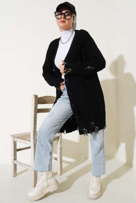 Yırtıklı Düğmeli Triko Hırka Siyah - Triko Hırka