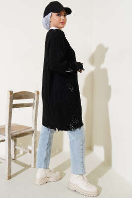 Yırtıklı Düğmeli Triko Hırka Siyah - Triko Hırka