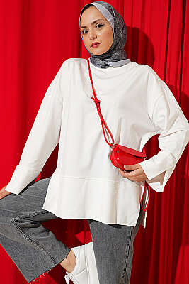 Yırtmaç Detaylı Basic Tunik Beyaz - HATUN