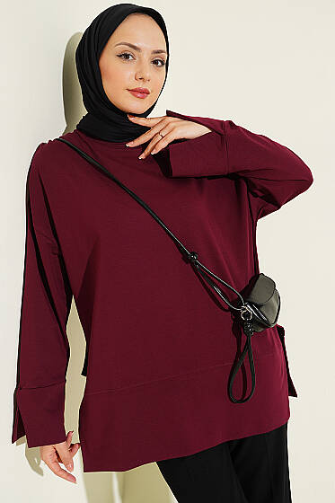 Yırtmaç Detaylı Basic Tunik Bordo - Tunik