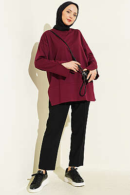 Yırtmaç Detaylı Basic Tunik Bordo - Tunik